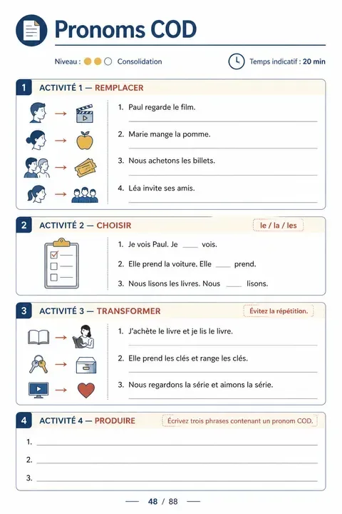 Page du produit avec activités de grammaire